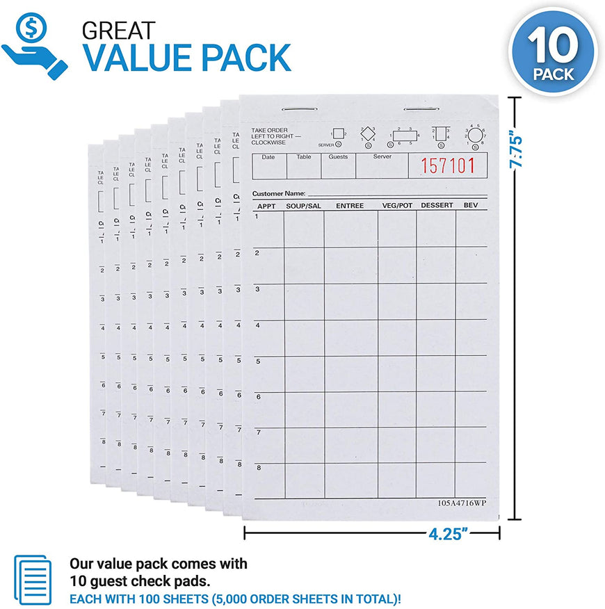 Stock Your Home White Guest Check Pads (10 Count) - 1 Part Guest Check Pads - Server Notepads and Waitress Order Pads - Check Pads for Diners, Restaurants, Food Trucks, Takeout and Delivery Services
