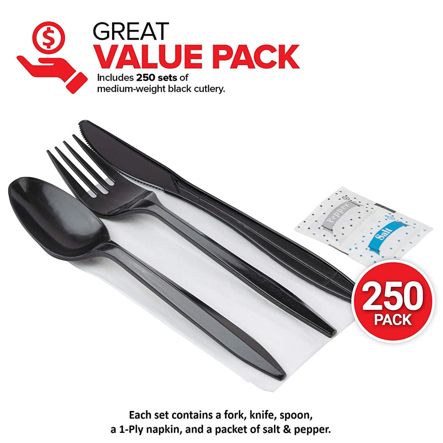 Stock Your Home Plastic Cutlery Packets with Salt & Pepper in Black (250 Count) - Wrapped Cutlery - Plastic Utensils Individually Wrapped for Take Out, Delivery, Cafeterias, Restaurants, Uber Eats
