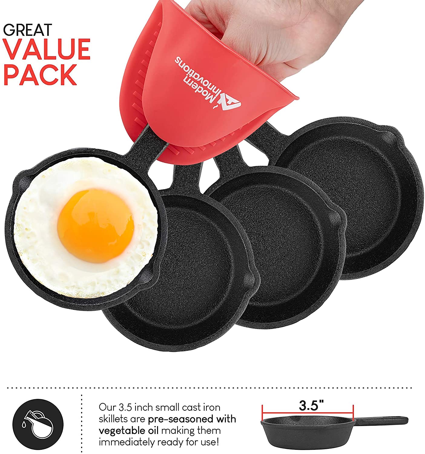 Modern Innovations Mini Cast Iron Skillet with Mitt - 4 Count – Stock Your  Home