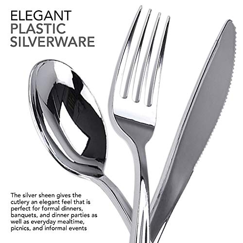 Perfect Settings 125 Silver Plastic Forks Cutlery - Polished Disposable Fork Silverware Set Heavy Duty Elegant Design Fancy Flatware - Events