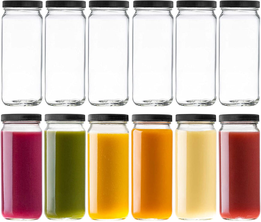 16 oz Glass Jars with Plastic Caps (12 Pack) - Reusable Food Grade Glass Bottles - Dishwasher Safe - Leak-Proof Lids - Travel Bottle for Smoothies & Juicing, Shakes, Milk, Honey - Stock Your Home