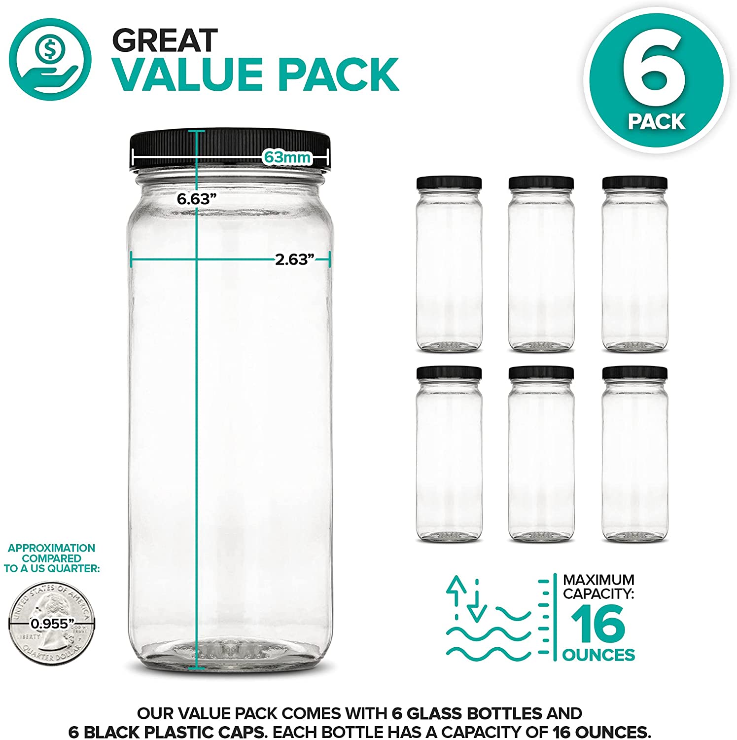 All About Juicing Clear Glass Water Bottles Set - 6 Pack Wide Mouth with Lids for Juice, Smoothies, Beverage Storage - 16 oz, du