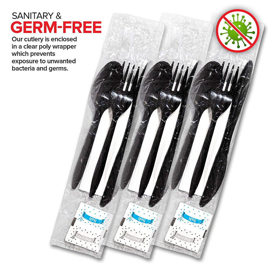 Stock Your Home Plastic Cutlery Packets with Salt & Pepper in Black (50 Count) - Wrapped Cutlery - Plastic Utensils Individually Wrapped for Take Out, Delivery, Cafeterias, Restaurants, Uber Eats
