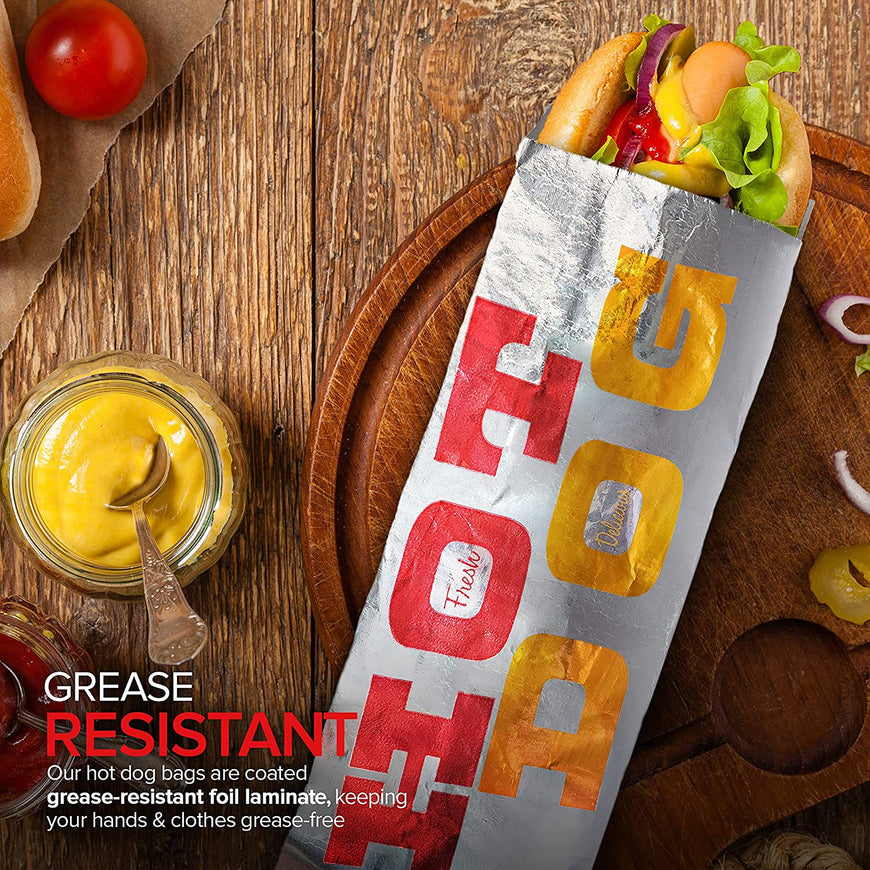 Aluminum Foil Hot Dog Wrappers (100 Pack) - Grease-Resistant Hot Dog Bags - Heat Retentive Hot Dog Sleeves - Keeps Food Hot - Disposable Hot Dog Bags for Fast Food, Food Truck, Fair - Stock Your Home