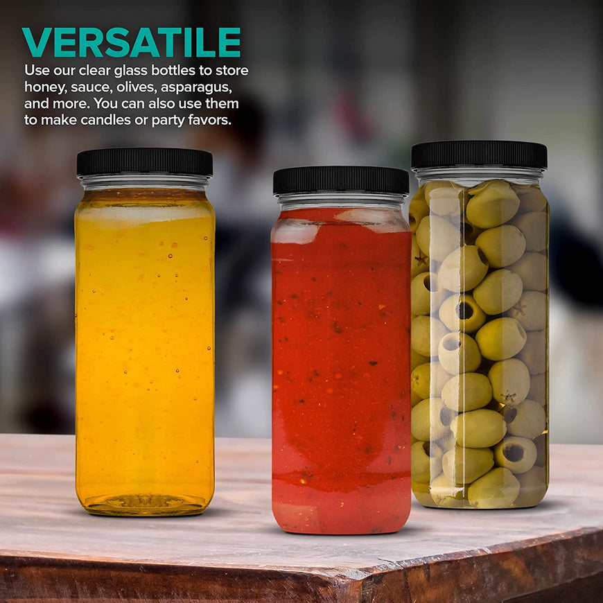 16 oz Glass Jars with Plastic Caps (12 Pack) - Reusable Food Grade Glass Bottles - Dishwasher Safe - Leak-Proof Lids - Travel Bottle for Smoothies & Juicing, Shakes, Milk, Honey - Stock Your Home