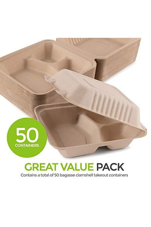 Bagasse Clamshell Takeout Containers, Biodegradable Eco Friendly Take Out to Go Food Containers with Lids (8x8) 50 Count