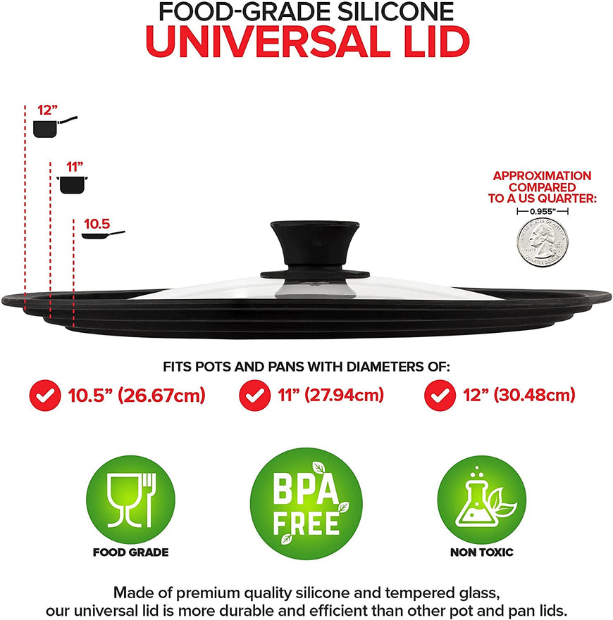Modern Innovations Silicone & Glass Universal Lid (10.5 to 12 Inches) - BPA-Free Silicone Lid with Stay Cool Handle & Tempered Glass Top - Dishwasher Safe - Universal Lid for Pots, Pans, Skillets, Cast Iron