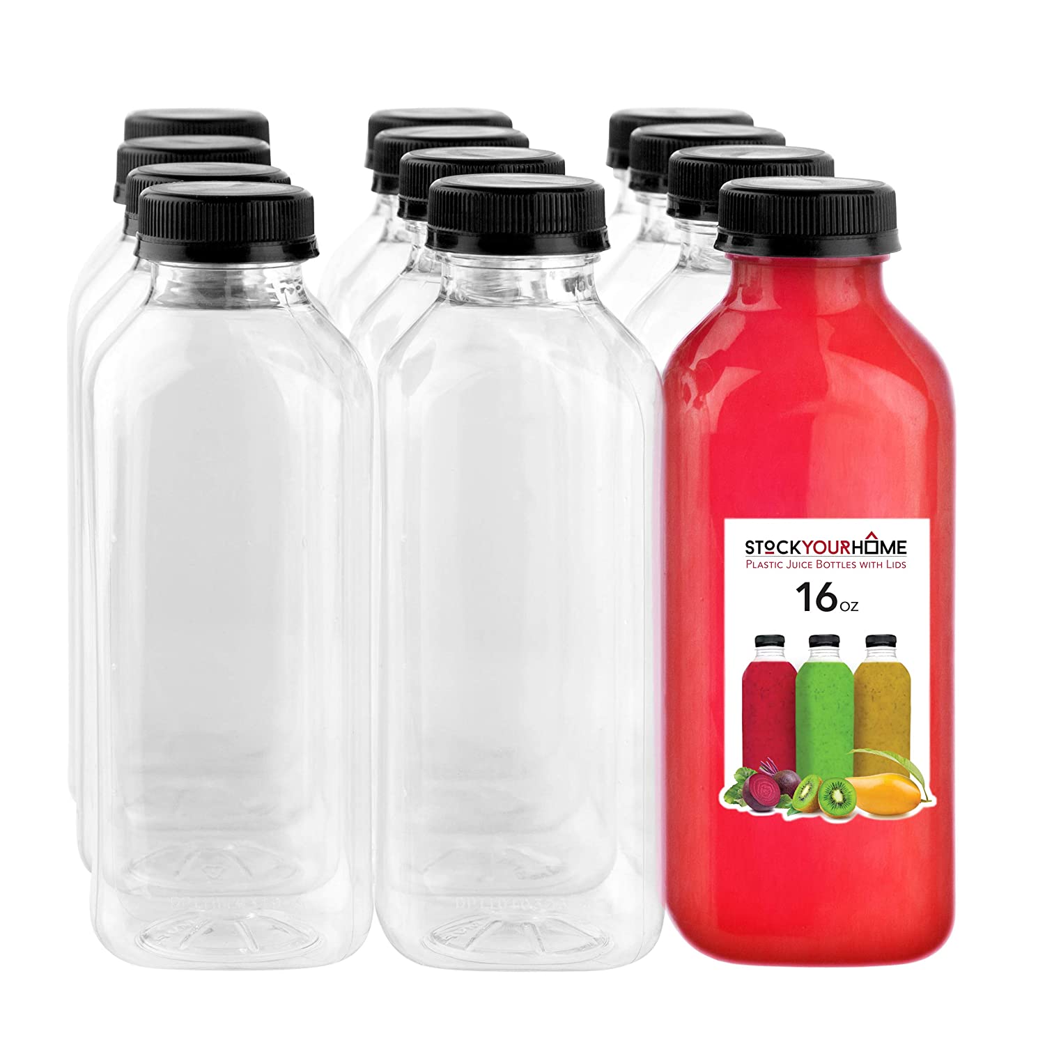 [40 Pack] 16 OZ Clear Square Plastic Juice Bottles with Tamper Evident Caps  - Cold Pressed - Smoothie Bottles - Ideal for Juices, Milk, Smoothies