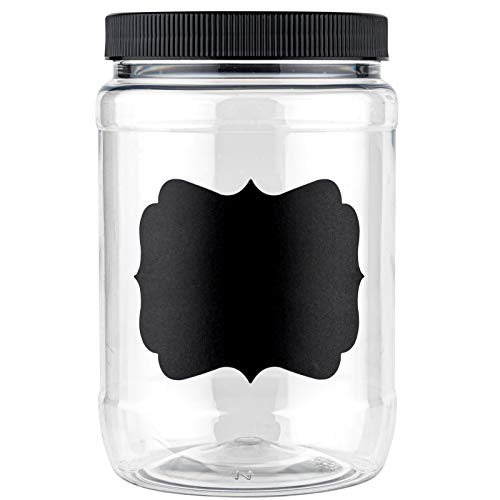 Stock Your Home 32 oz Plastic Jars w/ Chalk & Sticker (6 Pack) - BPA Free Plastic Mason Jars for Kitchen - Pantry Jars with Airtight Lids for Storing Rice, Pasta, Coffee, Grains, Candy, Cookies