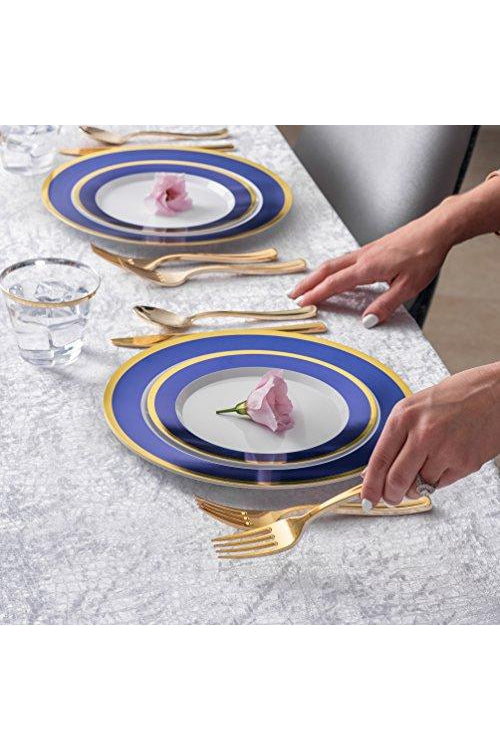 Blue and Gold Rim Plastic Dinnerware (125-Piece) Plastic Plates, Plastic Forks, Plastic Knives, Plastic Spoons - Service for 25 Guests Place Setting for Wedding, Party, Baby Shower, Birthday, Holiday