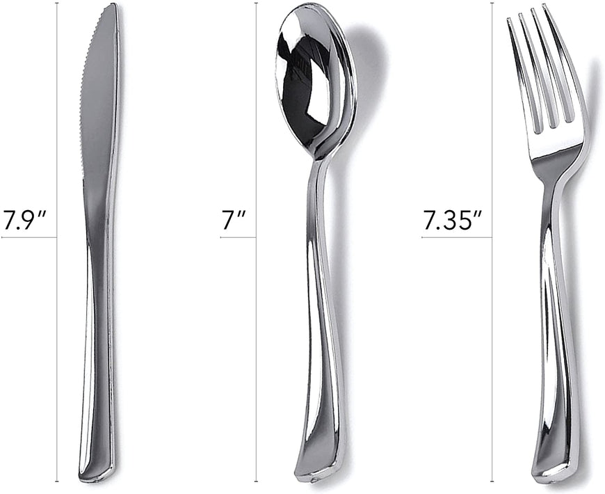 Stock Your Home Elegant 125 Piece Silver Rim Plastic Place Setting Set with Silverware - Solid, Disposable & Heavy-duty Includes: 25 Dinner Plates, 25 Dessert Plates, 25 Forks, 25 Knives, 25 Spoons
