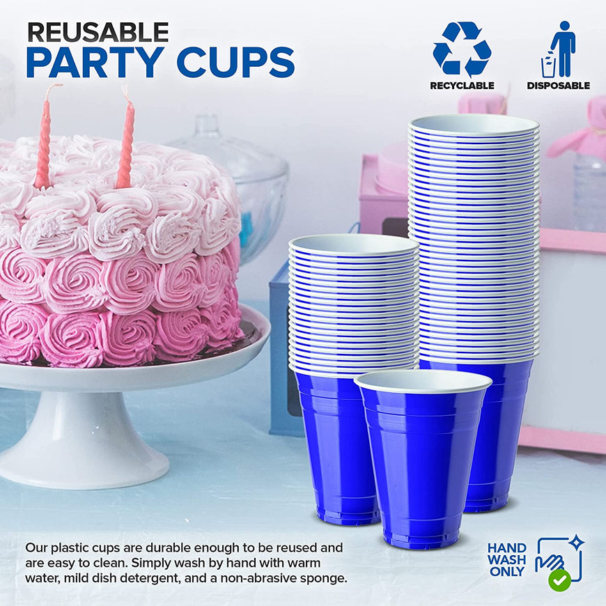 16-Ounce Plastic Party Cups in Blue (50 Pack) - Disposable Plastic Cups - Recyclable - Blue Cups with Fill Lines - Reusable Plastic Cups for Drinks, Soda, Punch, Barbecues, Picnics - Stock Your Home