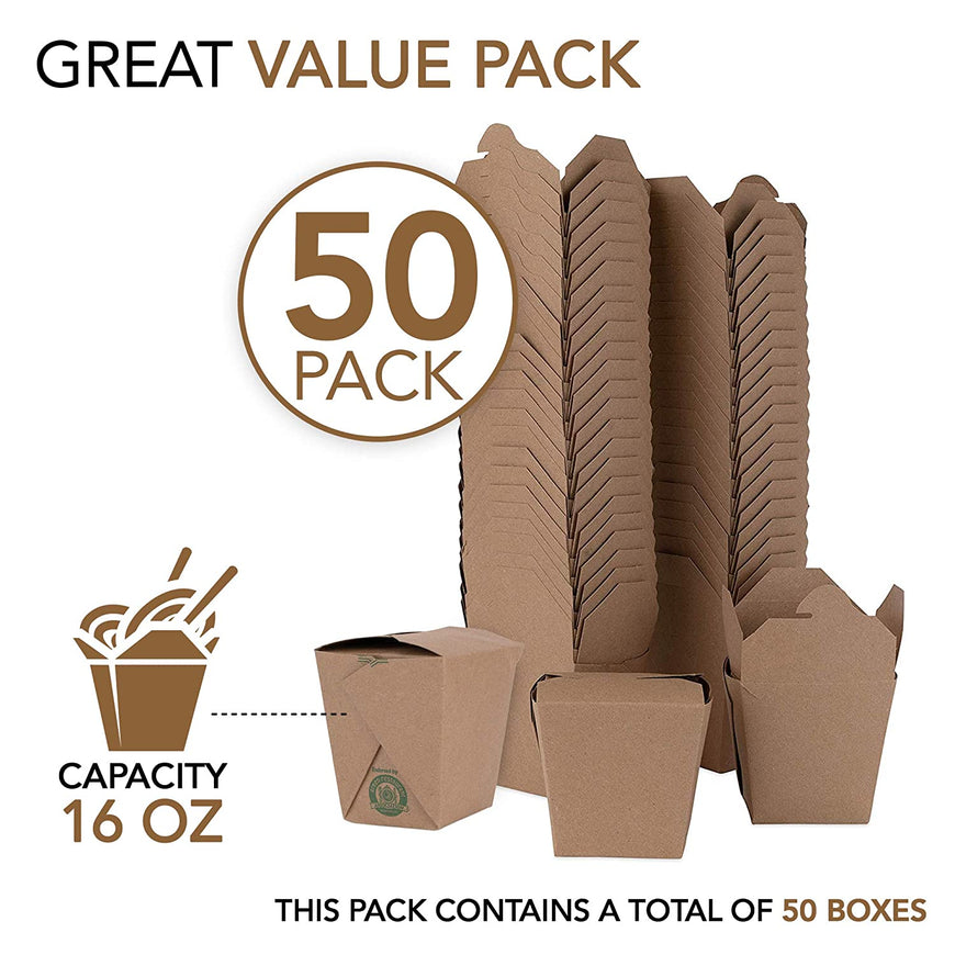Take Out Food Containers 16 Oz Microwaveable Kraft Brown Paper Chinese Takeout Box (50 Pack) Leak and Grease Resistant Stackable Pint Size to Go Boxes - Recyclable Food Containers - Party Favor Box