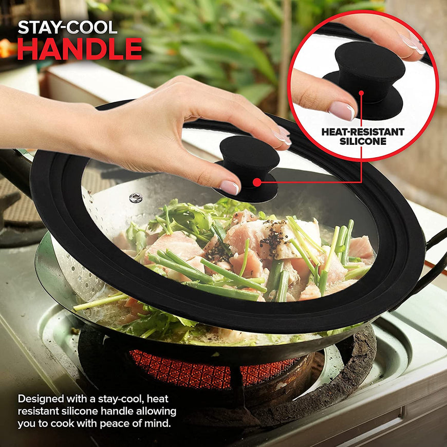 Modern Innovations Silicone & Glass Universal Lid (10.5 to 12 Inches) - BPA-Free Silicone Lid with Stay Cool Handle & Tempered Glass Top - Dishwasher Safe - Universal Lid for Pots, Pans, Skillets, Cast Iron
