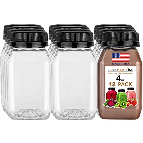 Stock Your Home Plastic Juice Bottles with Lids, Juice Drink Containers with Caps for Juicing Smoothie Drinking Cold Beverages, 4 Oz, 12 Count