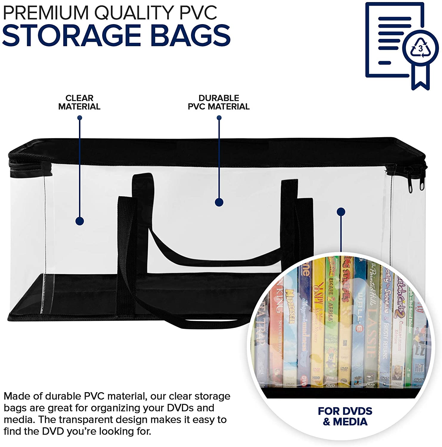 Made Easy Kit DVD Storage Bag Case - Clear PVC Organizer with Triple-Stitched Handles, Dividers- Stackable, Space-Saving, Fits 40 DVDs-Container for M