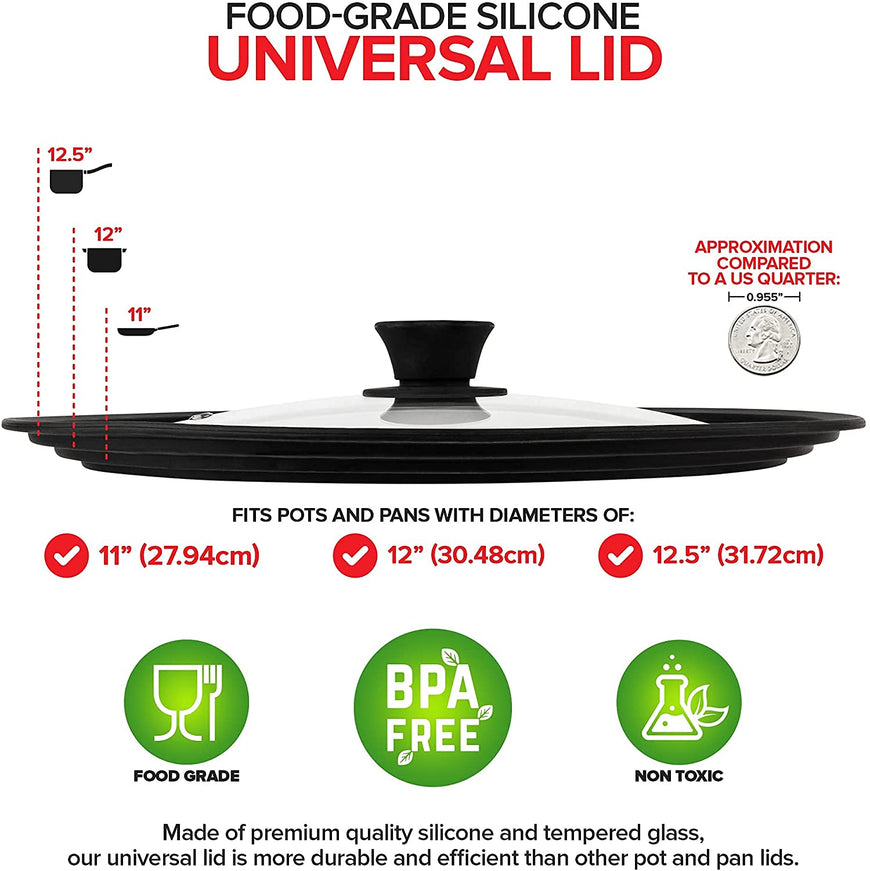 Modern Innovations Silicone & Glass Universal Lid (11 to 12.5 Inches) - BPA-Free Silicone Lid with Stay Cool Handle & Tempered Glass Top - Dishwasher Safe - Universal Lid for Pots, Pans, Skillets, Cast Iron