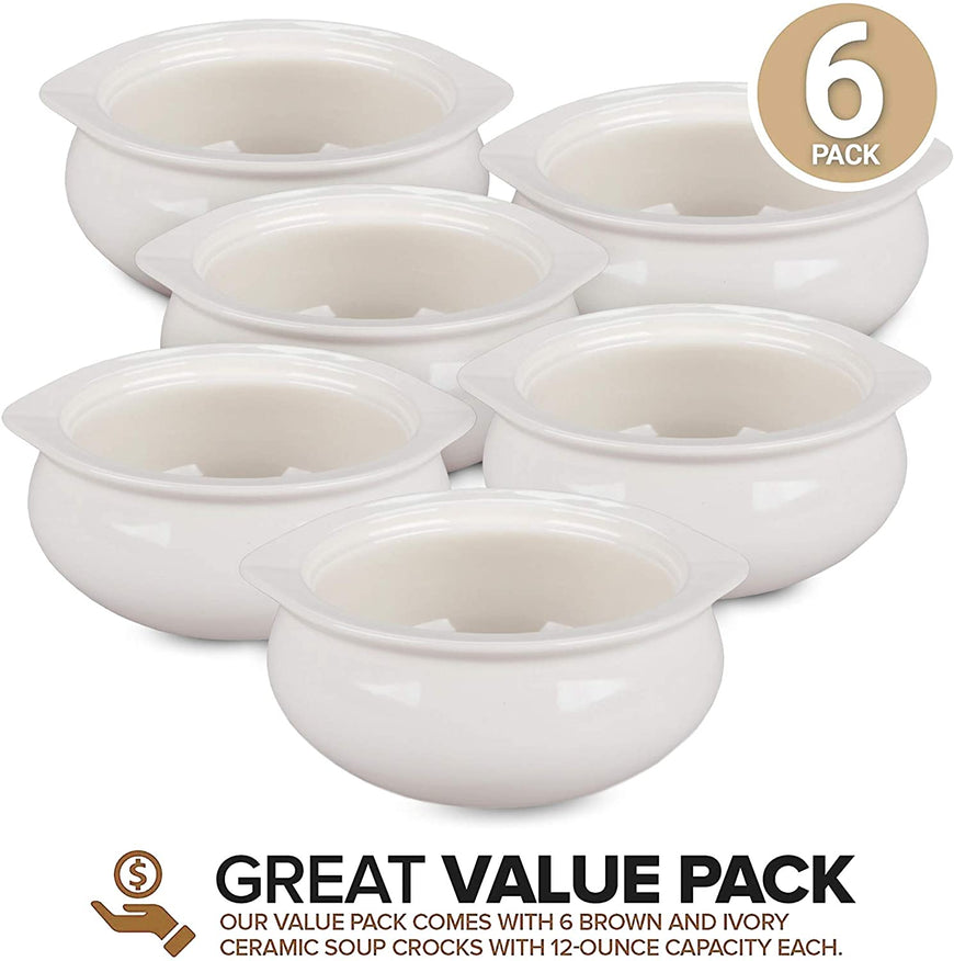 Stock Your Home White French Onion Soup Crocks (6 Count) - 12 Ounce Oven Safe French Onion Soup Bowls - Ivory Ceramic Porcelain Soup Bowls - Dishwasher Safe Stoneware Crocks for Soup, Chowder, Chili