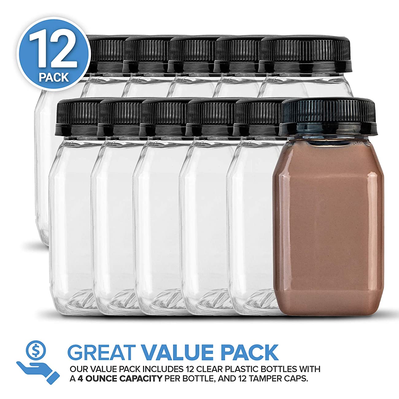 12-OZ Square Plastic Juice Bottles with lids - 100-CT