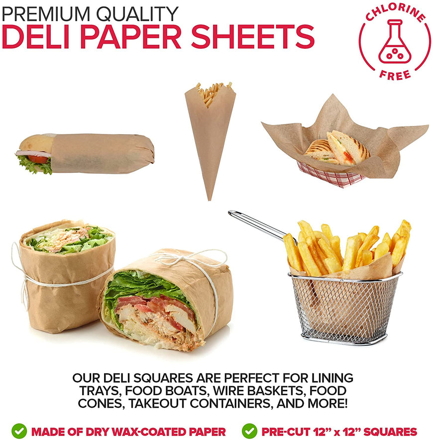 Stock Your Home 12 x 12 Grease Proof Deli Wrappers (500 Pack) - Pre Cut Natural Wax Paper Sheets - Recyclable Food Basket Liners -Kraft Deli Squares For Sandwiches, Lining Wire Food Baskets, Food Tray