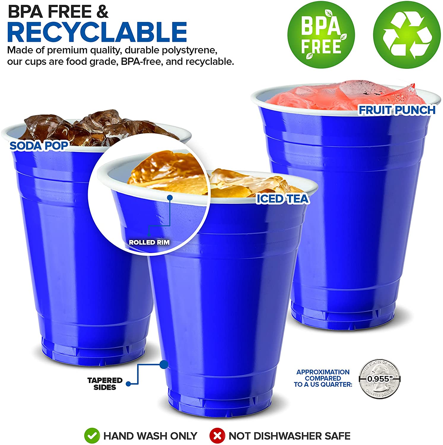 16-Ounce Plastic Party Cups in Blue (50 Pack) - Disposable Plastic