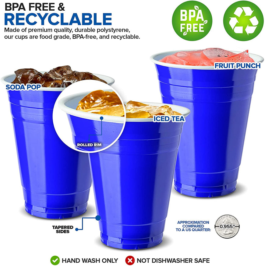 16-Ounce Plastic Party Cups in Blue (50 Pack) - Disposable Plastic Cups - Recyclable - Blue Cups with Fill Lines - Reusable Plastic Cups for Drinks, Soda, Punch, Barbecues, Picnics - Stock Your Home