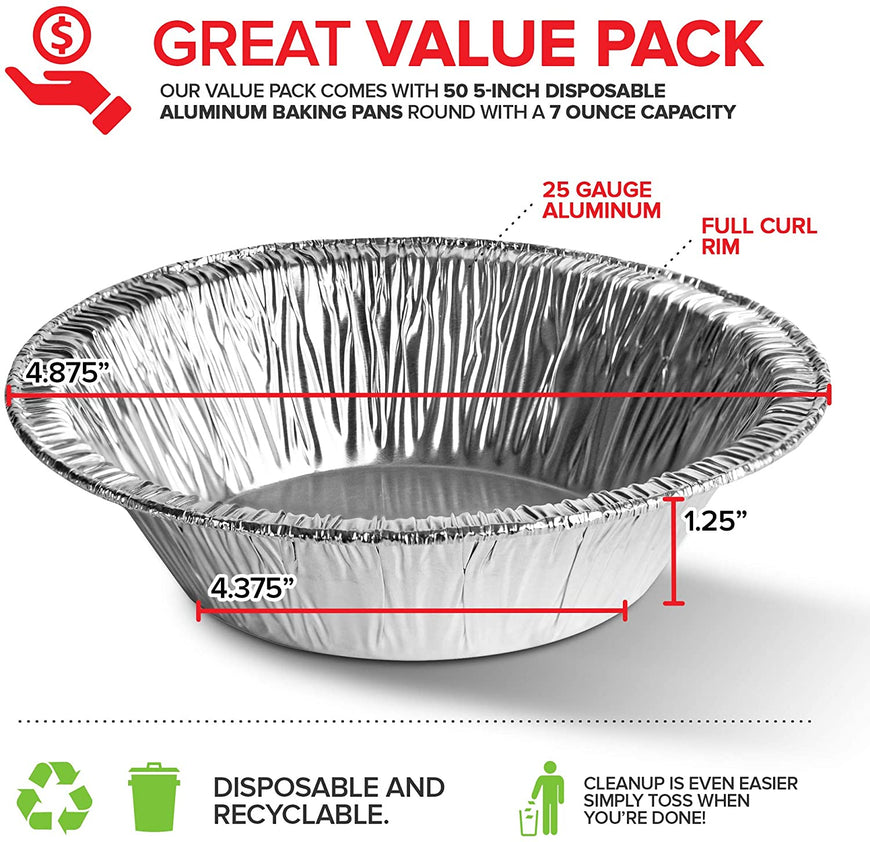 Stock Your Home 5 Inch Aluminum Foil Pie Pans (50 Count) - Disposable & Recyclable Mini Pie Pans - Foil Pie Tin for Bakeries, Cafes, Restaurants - Durable Mini Foil Pans for Pies, Fruit Tarts, Quiche
