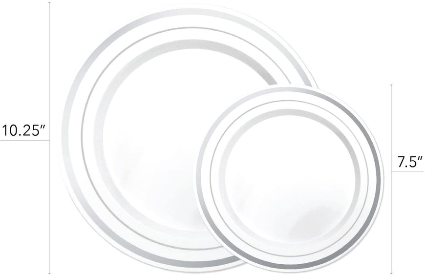 Stock Your Home Elegant 125 Piece Silver Rim Plastic Place Setting Set with Silverware - Solid, Disposable & Heavy-duty Includes: 25 Dinner Plates, 25 Dessert Plates, 25 Forks, 25 Knives, 25 Spoons