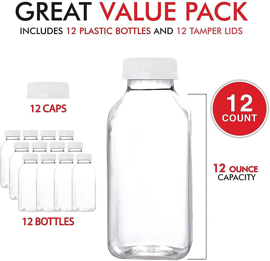 Stock Your Home 12-Ounce Bottles with White Caps (12 Pack) - BPA-Free Plastic Bottles with Tamper Proof Caps - Leak Resistant & Reusable - Bottles for Juice