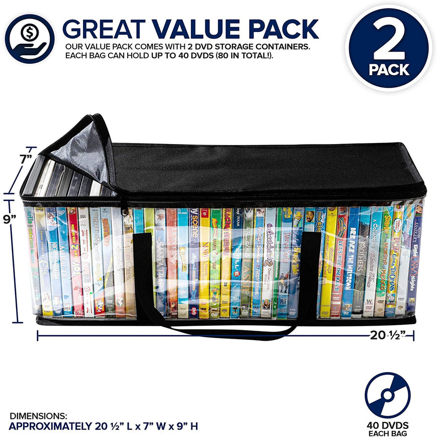 Stock Your Home DVD Storage Bags (2 Pack) - Transparent PVC Media Storage - Water Resistant DVD Holder Case with Handles - Clear Plastic Carrying Game Bag Storage for DVDs, CDs, Video Games, Books