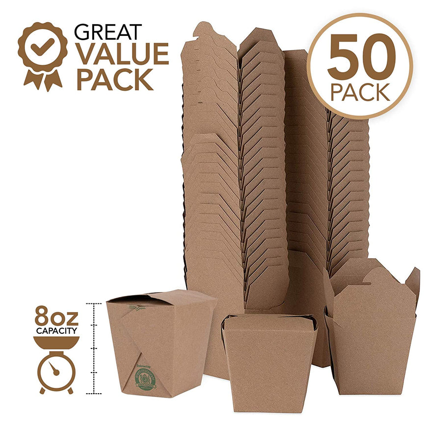Takeout Food Containers 8 Oz Microwaveable Kraft Brown Paper Mini Chinese Take Out Box (50 Pack) Leak and Grease Resistant Stackable to Go Boxes - Recyclable Food Containers - Party Favor Boxes