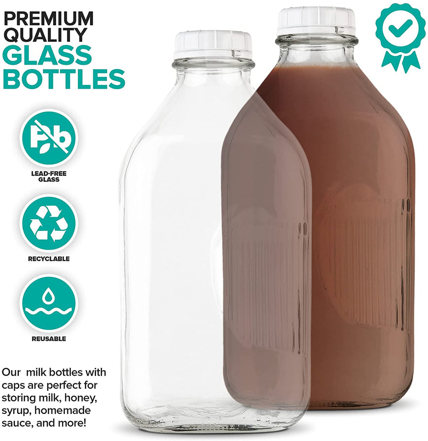 64- Oz Glass Milk Bottles with 8 White Caps (4 Count ) - Food Grade Glass Bottles - Dishwasher Safe - Bottles for Milk, Buttermilk, Honey, Tomato Sauce, Jam, Barbecue Sauce -Stock Your Home