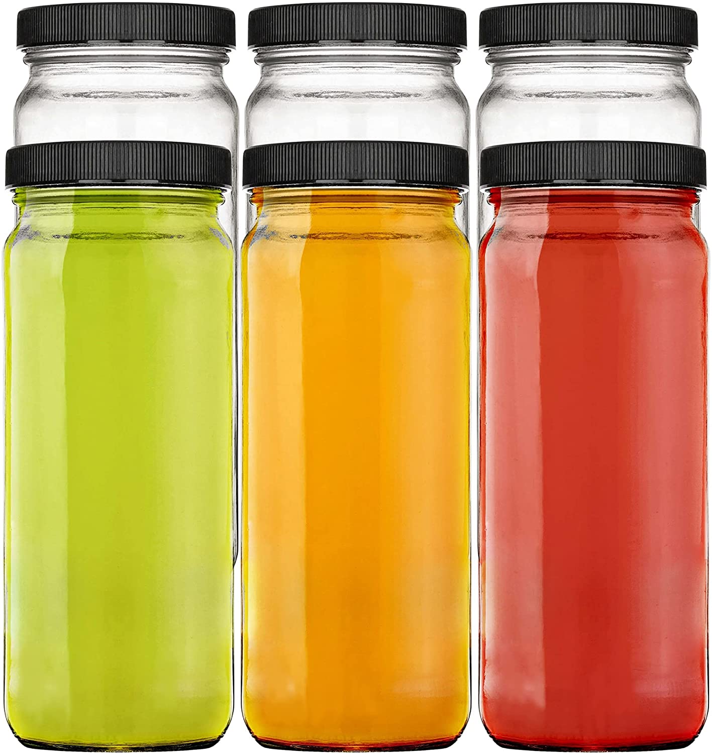 16 oz Glass Jars with Plastic Caps (6 Pack) - Reusable Food Grade