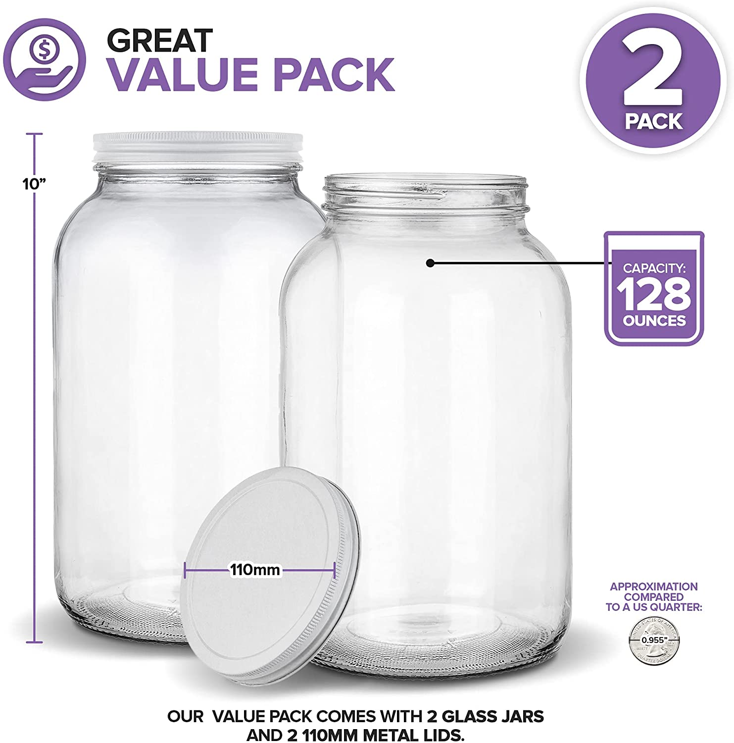 Gallon Glass Jar with Metal Lid (2 Pack) - 128 Ounce - Airtight & Odor –  Stock Your Home