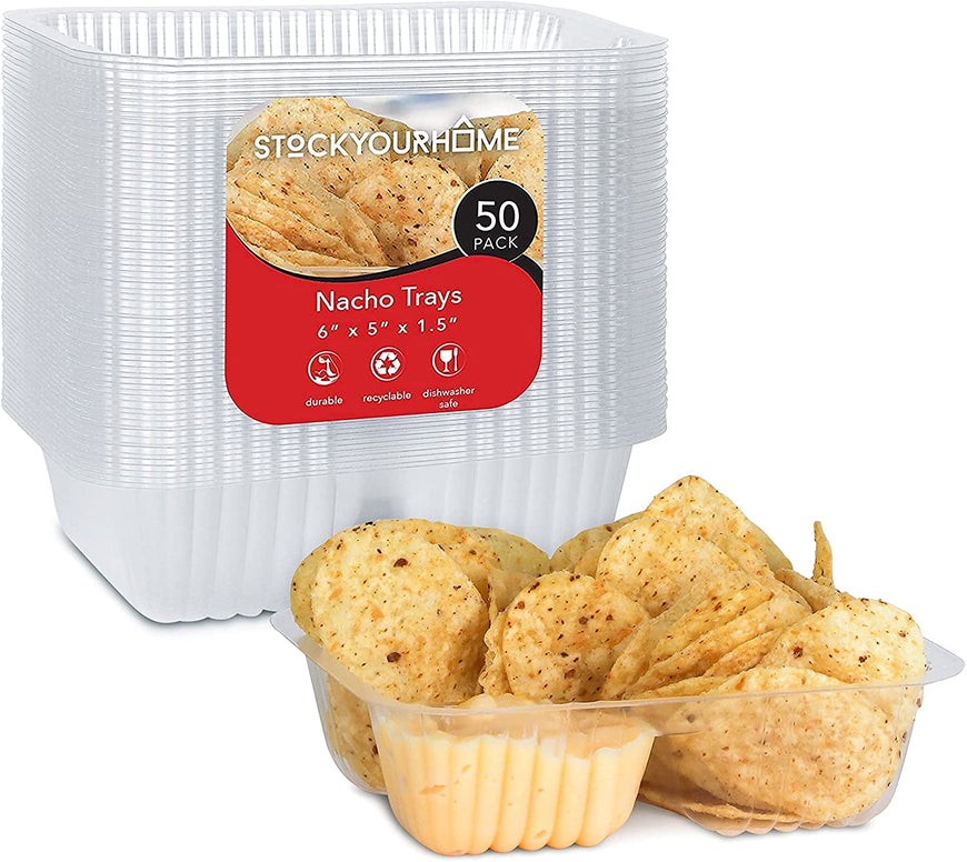 Stock Your Home 6” x 5” Nacho Trays (50 Pack) - 12 Ounce Two Compartment Nacho Plates- Recyclable - Small Plastic Nacho Trays for Movie Night, Theater, Fast Food, Food Court, Carnival, Stadium, BBQ
