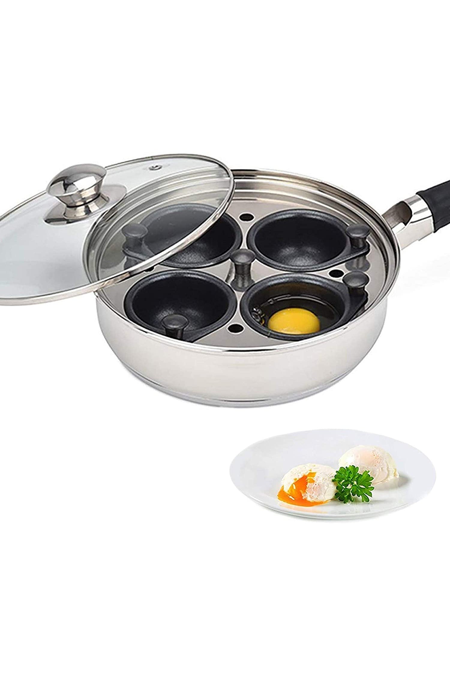 Modern Innovations Stainless Steel Egg Poacher Pan Set with 4 Nonstick Egg  Poacher Insert Cups, Silicone Handle, Glass Lid and Removable Tray for