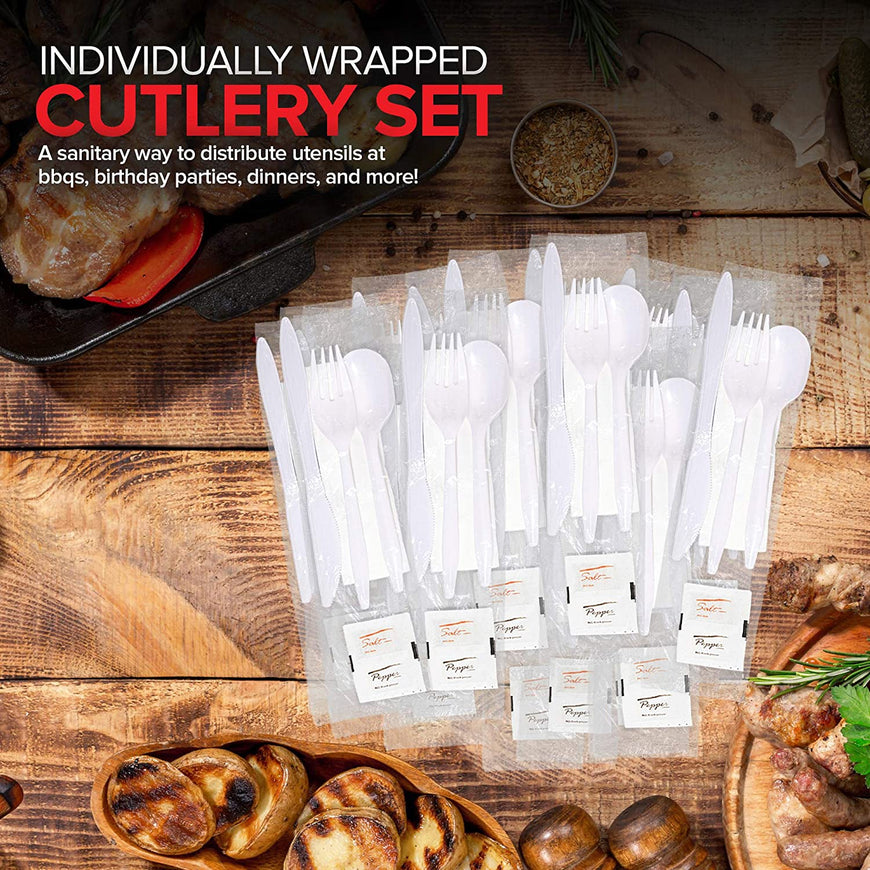 Stock Your Home Plastic Cutlery Packets with Salt & Pepper in White (250 Count) - Wrapped Cutlery - Plastic Utensils Individually Wrapped for Take Out, Delivery, Cafeterias, Restaurants, Uber Eats