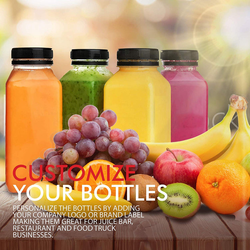 Plastic Juice Bottles with Lids, Juice Drink Containers with Caps for Juicing Smoothie Drinking Cold Beverages, 16 Oz, 12 Count