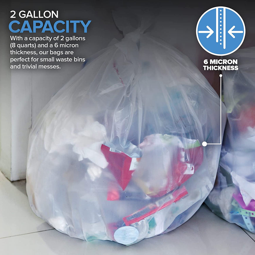 Stock Your Home 2 Gallon Clear Trash Bags (200 Pack) - Disposable Plastic Garbage Bags - Leak Resistant Waste Can Liner - Small Bags for Office, Bathroom, Deli, Produce Section, Dog Poop, Cat Litter