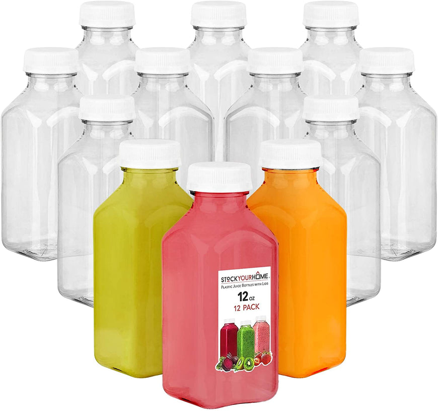 Stock Your Home 12-Ounce Bottles with White Caps (12 Pack) - BPA-Free Plastic Bottles with Tamper Proof Caps - Leak Resistant & Reusable - Bottles for Juice