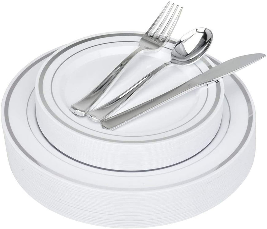 Stock Your Home Elegant 125 Piece Silver Rim Plastic Place Setting Set with Silverware - Solid, Disposable & Heavy-duty Includes: 25 Dinner Plates, 25 Dessert Plates, 25 Forks, 25 Knives, 25 Spoons