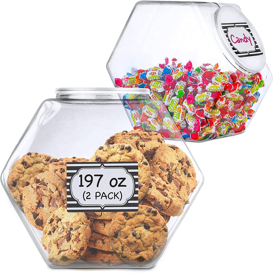 197-Ounce Plastic Jars with Lid (2 Count) - Wide Mouth Hexagon Cookie Jars - Reusable & Recyclable - Shatterproof Jars - Clear Plastic Jars for Cookies, Candy, Laundry Detergent Pods - Stock Your Home