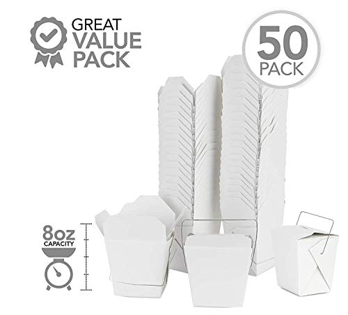 Takeout Food Containers with Handle 8 Oz White Microwaveable Mini Chinese Take Out Box (50 Pack) Leak and Grease Resistant Stackable to Go Boxes - Recyclable Food Containers - Party Favor Boxes