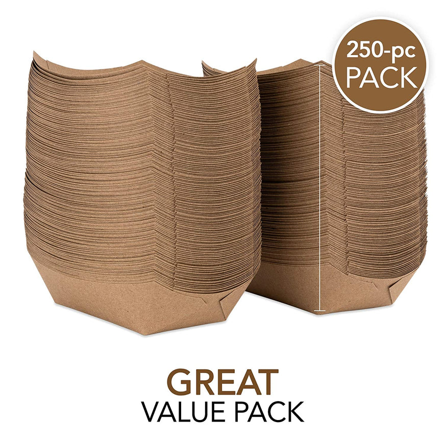 Paper Food Boats (250 Pack) Disposable Brown Tray 2 Lb - Eco Friendly Brown Paper Food Tray 4.5