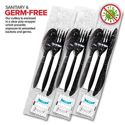 Stock Your Home Plastic Cutlery Packets with Salt & Pepper in Black (250 Count) - Wrapped Cutlery - Plastic Utensils Individually Wrapped for Take Out, Delivery, Cafeterias, Restaurants, Uber Eats