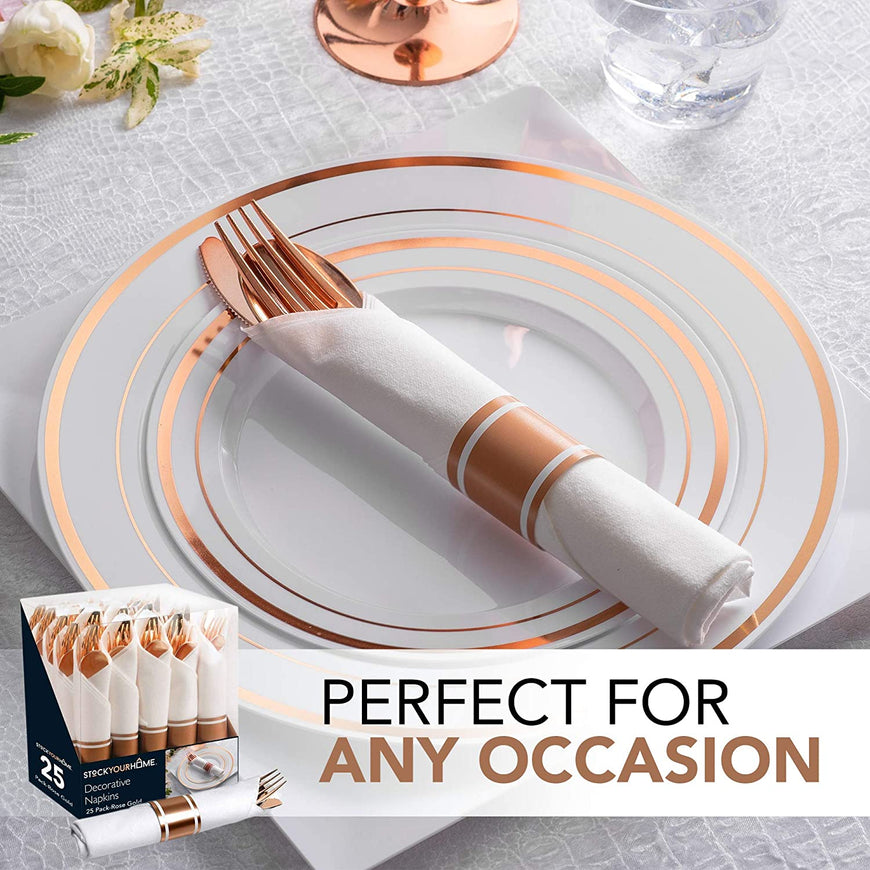 Pre Rolled Napkin and Cutlery Set 25 Pack Disposable Silverware for Catering Events, Parties, and Weddings (Rose Gold)