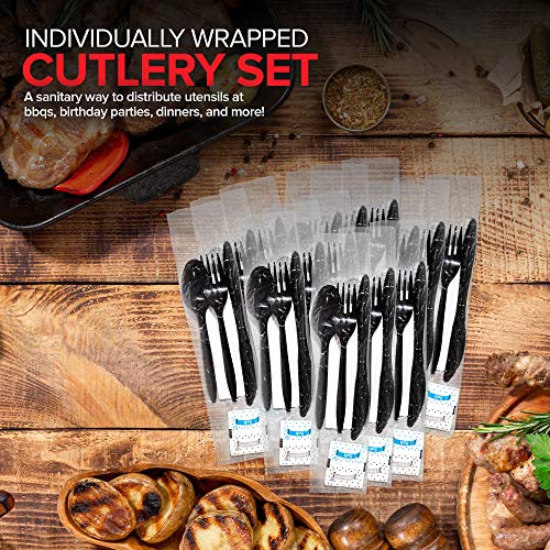 Stock Your Home Plastic Cutlery Packets with Salt & Pepper in Black (250 Count) - Wrapped Cutlery - Plastic Utensils Individually Wrapped for Take Out, Delivery, Cafeterias, Restaurants, Uber Eats