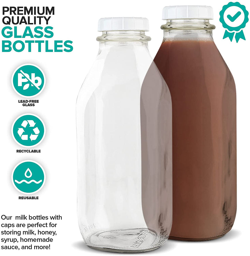32-Oz Glass Milk Bottles with 8 White Caps (4 pack) - Food Grade Milk Jars with Lids - Dishwasher Safe - Bottles for Milk, Buttermilk, Honey, Maple Syrup, Jam, Barbecue Sauce- Stock Your Home