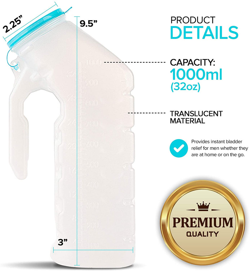 Male Urinal with Glow in The Dark Lid (2 Bottles, 32 Oz Each)