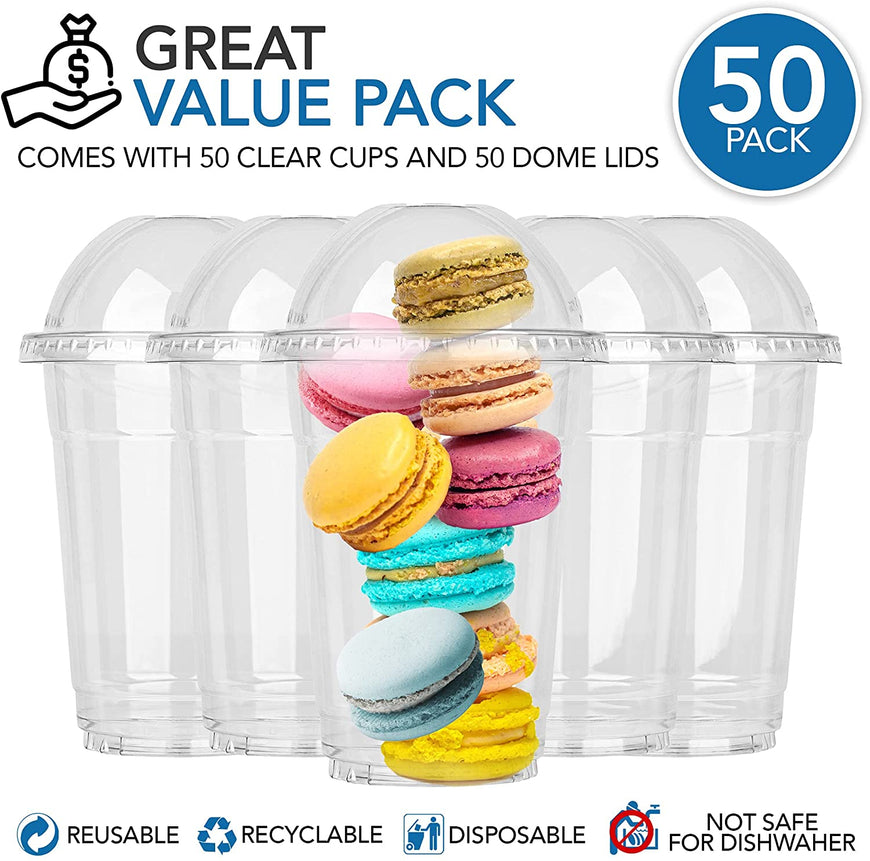 Stock Your Home 16 Oz Plastic Cups With Dome Lids (50 Count) -Parfait Cups With Lids - Disposable And Leak-Proof -Clear Cups With Dome Lids For Snacks, Food Sampling, Bakeries, Cupcakes, Ice Cream